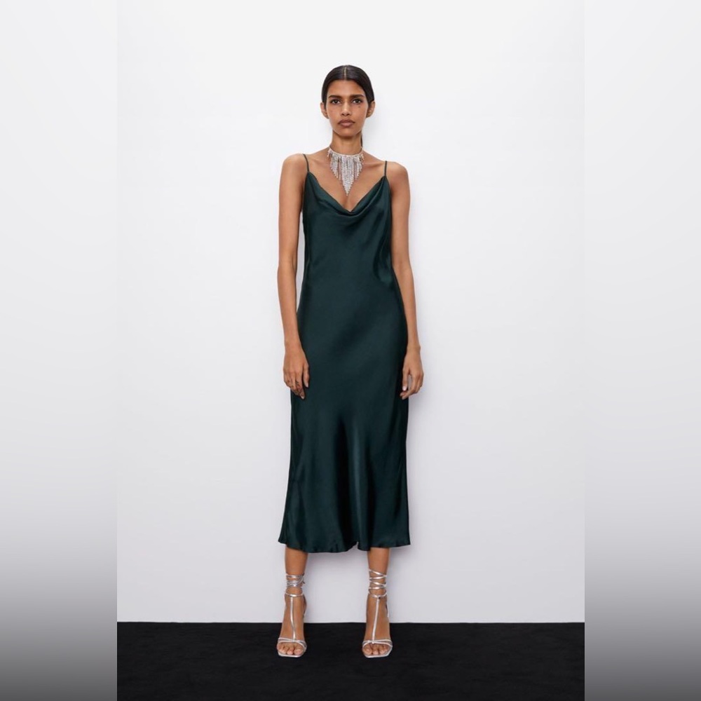ZARA Cowl Neck Forest Green Midi Slip Dress